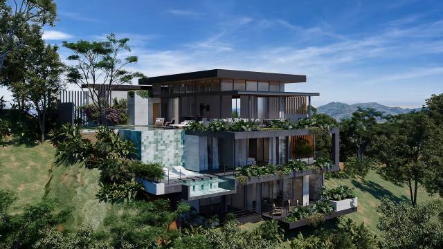 Luxury home for sale in Tamarindo with ocean views and a pool connected to a waterfall...